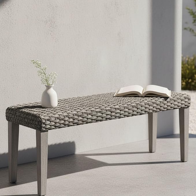 Outdoor Rattan Backless Bench with PE Wicker & Acacia Wood Frame, Grey