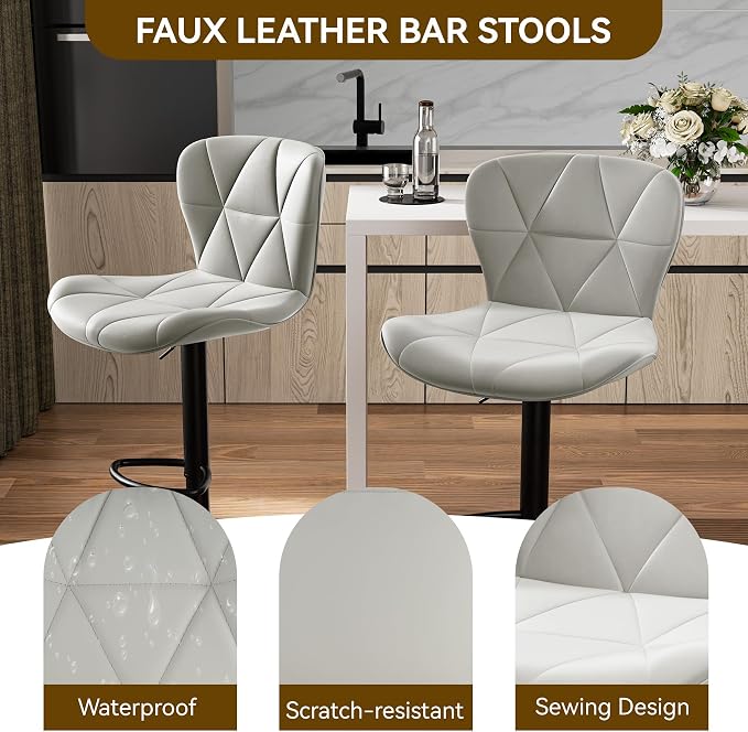 Nalupatio Modern Bar Stools Set of 2, Adjustable Faux Leather Upholstered Swivel Bar Stools, Counter Height Bar Chairs with Back for Kitchen Island, Light Grey