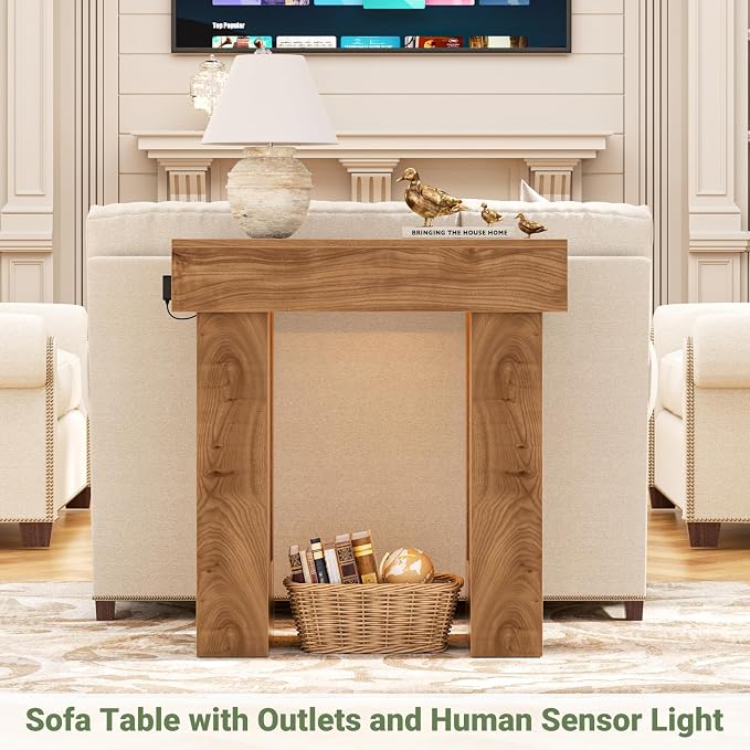 Unikito 32" Entry Table with Sensor Light and Power Outlets, Natural Oak