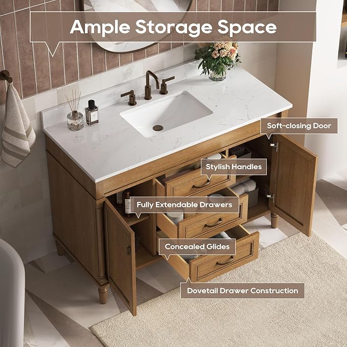 48 Inch Bathroom Vanity with Sink Combo, Light Walnut | Classic Cabinet with Countertop & Backsplash, Solid Wood Frame with Soft Closing Doors & 3 Dovetail Drawers, Ceramic Sink