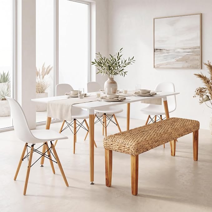 Indoor Wicker Bench 47" Solid Wood Acacia & Natural Woven Seat, Natural Leg
