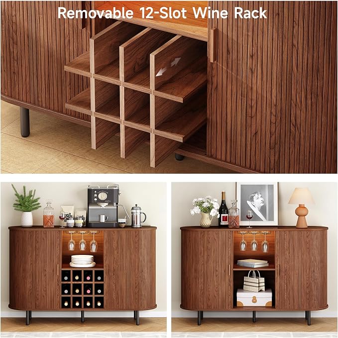 ONBRILL 55" Fluted Wine Bar Cabinet with LED Light Walnut