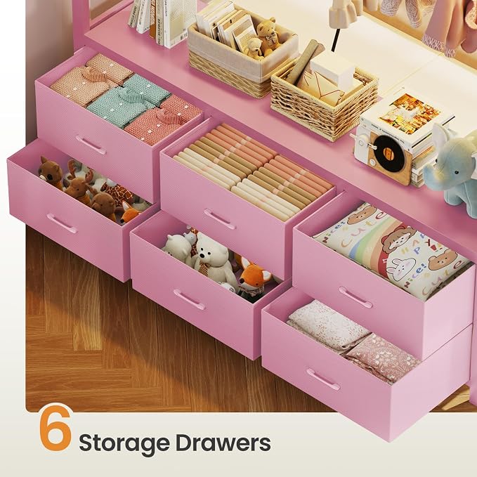 Itaar Metal Bunk Bed Full Over Full with Hall Tree, Power Outlet, LED Bunk Bed with 6 Storage Drawers, Bed with 13‘’ Safety Guardrail & Ladders for Kids and Teen, 400lb Weight Capacity, Pink