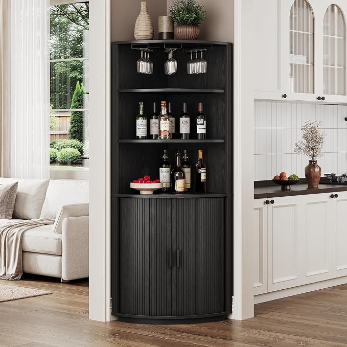 ONBRILL 72" Tall Corner Bar Cabinet with LED Light, Liquor Cabinets, Black