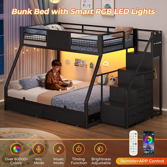BTHFST Bunk Bed Twin Over Full with Stairs, Storage Drawers and LED Lights
