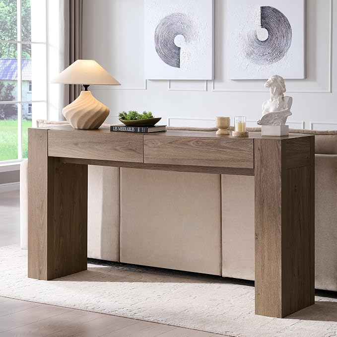 OKD 63" Console Table with Drawers, Thick Block Entryway Table, Alder Grey