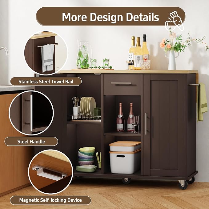 Shintenchi Kitchen Island with Storage, Bar Cart Cabinet Island Table on Wheels, Rolling Microwave Cart for Kitchen with Drop Leaf, Drawers, Towel Rack, Seating Area for Dining Room, Brown