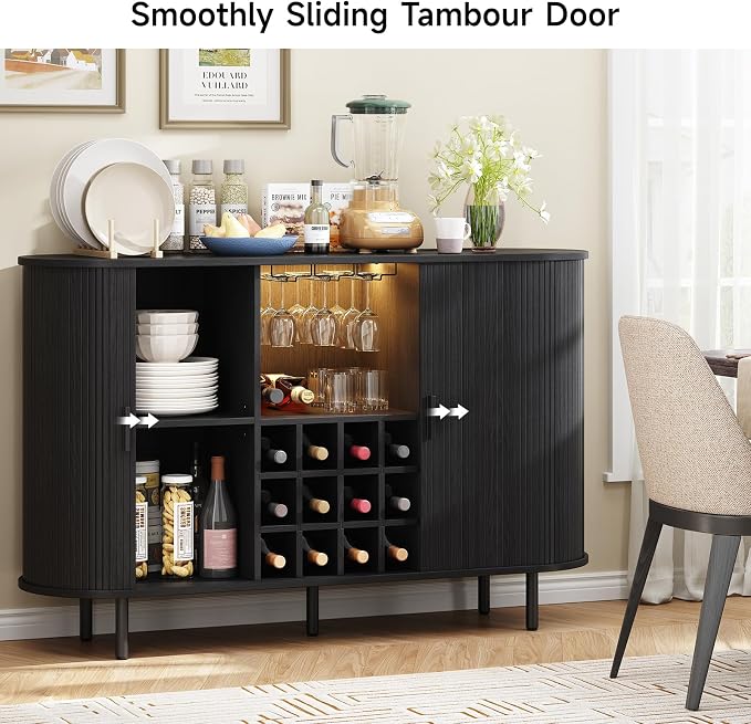 ONBRILL 55" Fluted Wine Bar Cabinet with LED Light Black