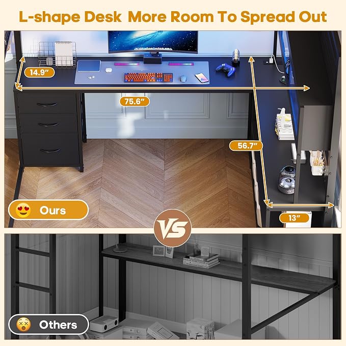 ADORNEVE Gaming Loft Bed Full Size with Desk, Arcylic RGB Hutch, Black