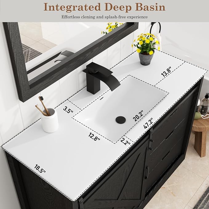48" Farmhouse Bathroom Vanity with Sink & Faucet & Mirror, Wood Grain Black | Sliding Barn Door, 3 Handleless Drawers, Single Vanity Combo for Small Space