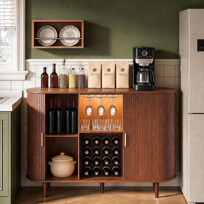 DHH 55" Wine Bar Cabinet with Storage, Fluted Liquor & Coffee Bar Cabinet with Wine Rack and Glass Holder, Buffet Sideboard with LED Lights for Home Kitchen Living Dining Room(Walnut)