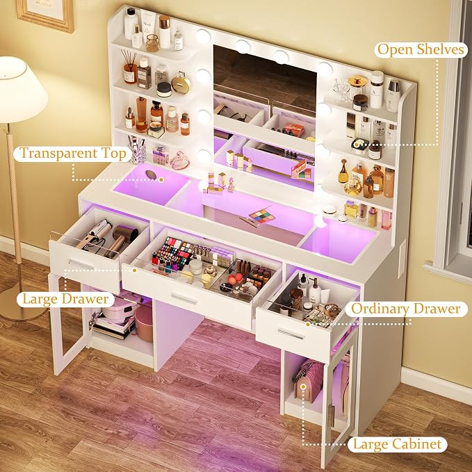 HUAHUU Vanity Desk, Makeup Vanity Desk with Mirror and Lights 3 Colors, Transparent Top with 3 RGB Drawers, 6 Shelves, 2 Large Tempered Cabinets, Power Outlet, for Bedroom, White