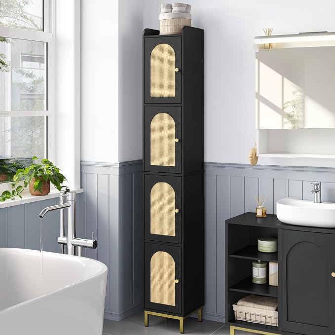 Hzuaneri 4-Tier Narrow Tall Storage Cabinet | Slim Bathroom Storage Cabinet with 4 Adjustable Feet and Shelves,for Living Room,Laundry Room,Rattan Black,11"Dx11"Wx70.9"H
