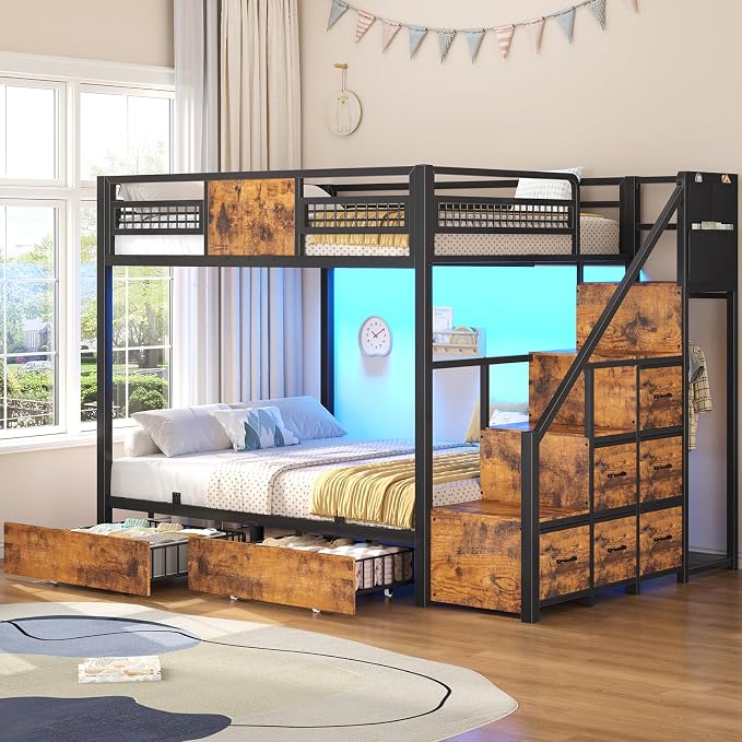 BTHFST Bunk Bed Full Over Full with Stairs, Storage Drawers and LED Lights