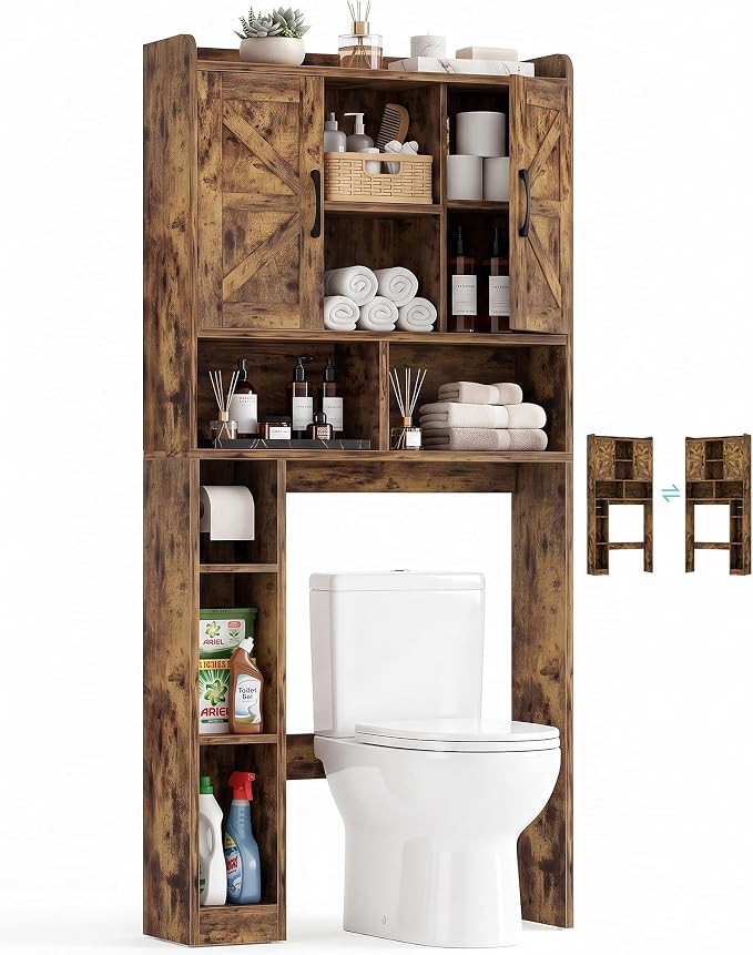 Farmhouse Over The Toilet Storage Cabinet with Barn Door, Reversible Side | 7-Tier Bathroom Organizer, Adjustable Shelves Bottom Bar, Detachable Paper Holder, Anti-Tipping, Laundry Room, Rustic Brown