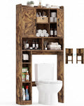 Farmhouse Over The Toilet Storage Cabinet with Barn Door, Reversible Side | 7-Tier Bathroom Organizer, Adjustable Shelves Bottom Bar, Detachable Paper Holder, Anti-Tipping, Laundry Room, Rustic Brown