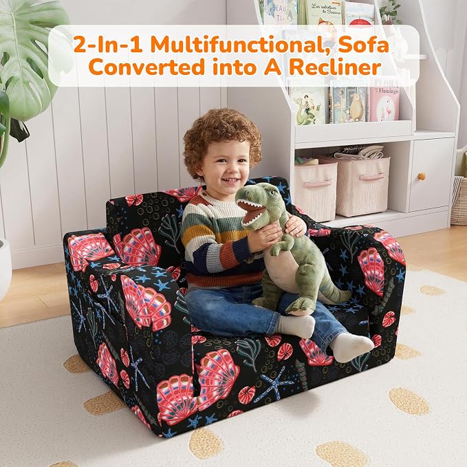 MeMoreCool Kids Sofa, 2-in-1 Fold Out Armchair, Washable Cover, Shell Print