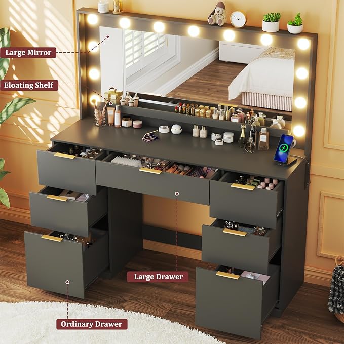 HUAHUU Vanity Desk with Mirror and Lights, 45.3in Makeup Vanity with 7 Drawers & Large Mirror, with 3-Color Adjustable Lighting & Power Outlet, Black Vanity Desk for Bedroom