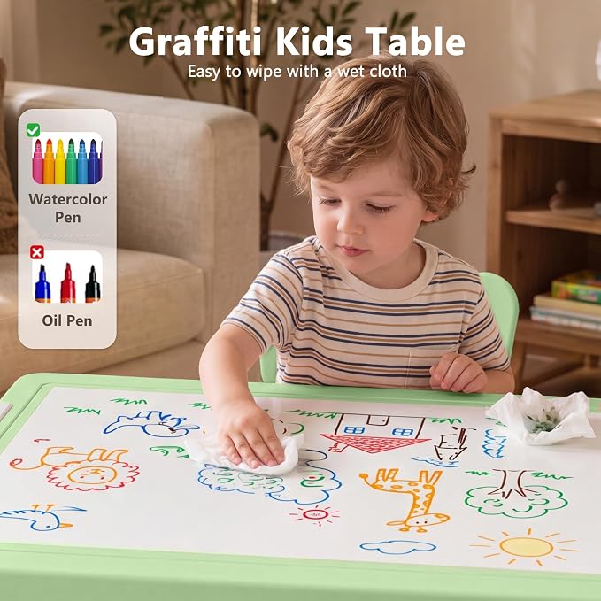 Kinder King Kids Table & 2 Chairs Set, Adjustable Heights, Storage, Green
