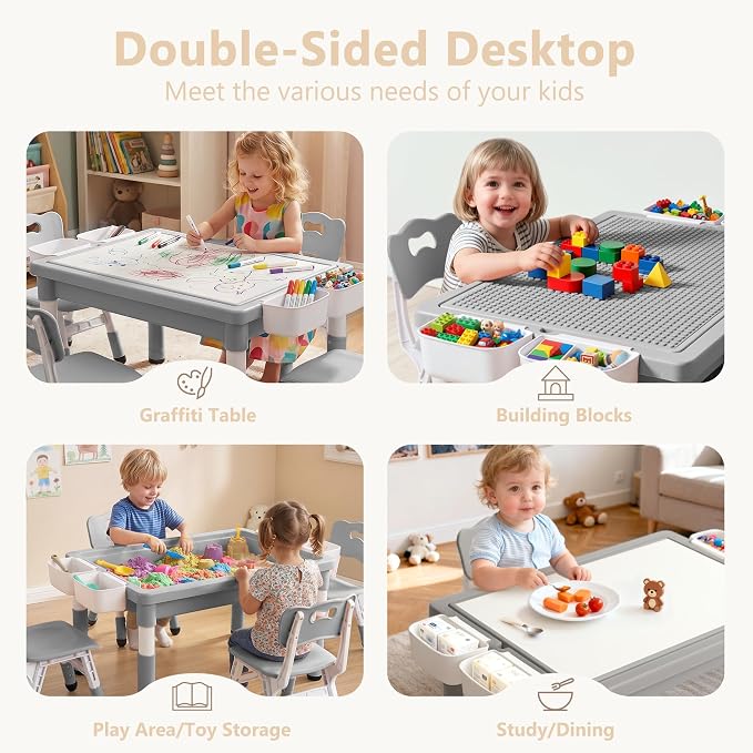 Kinder King Kids Table & 4 Chairs Set, Adjustable Heights, Storage, Grey