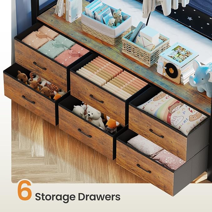 Itaar Metal Bunk Bed Full Over Full with Hall Tree, Power Outlet, LED Bunk Bed with 6 Storage Drawers, Bed with 13‘’ Safety Guardrail & Ladders for Kids and Teen, 400lb Weight Capacity, Rustic Brown