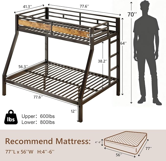 Feonase Bunk Beds Twin Over Full Size, Heavy Duty Metal Bunk Beds with Safety Guardrail & Ladders, Steel Loft Bed Frame for Teens and Adults, Apartment or Dorm, Noise Free & Easy Assembly, Retro