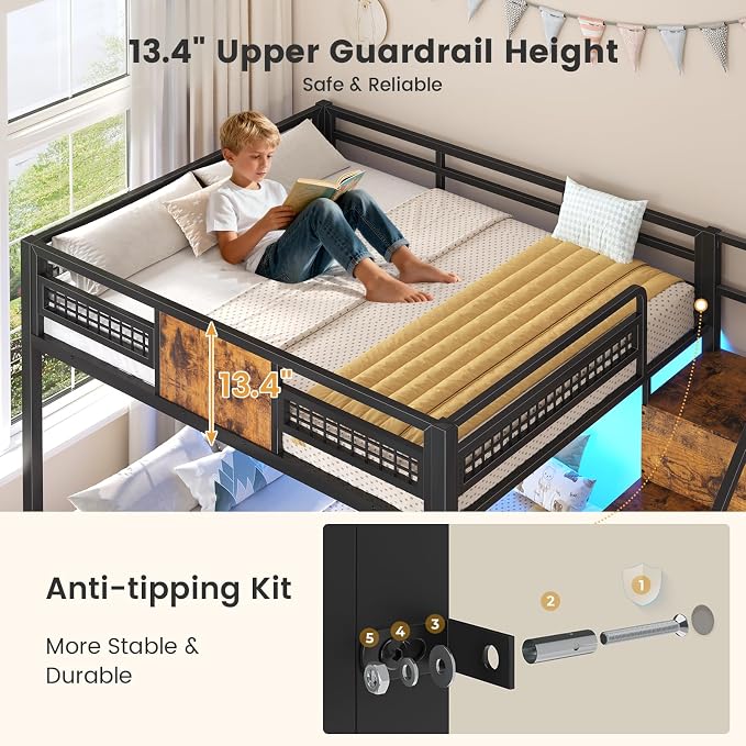 BTHFST Bunk Bed Full Over Full with Stairs, Storage Drawers and LED Lights