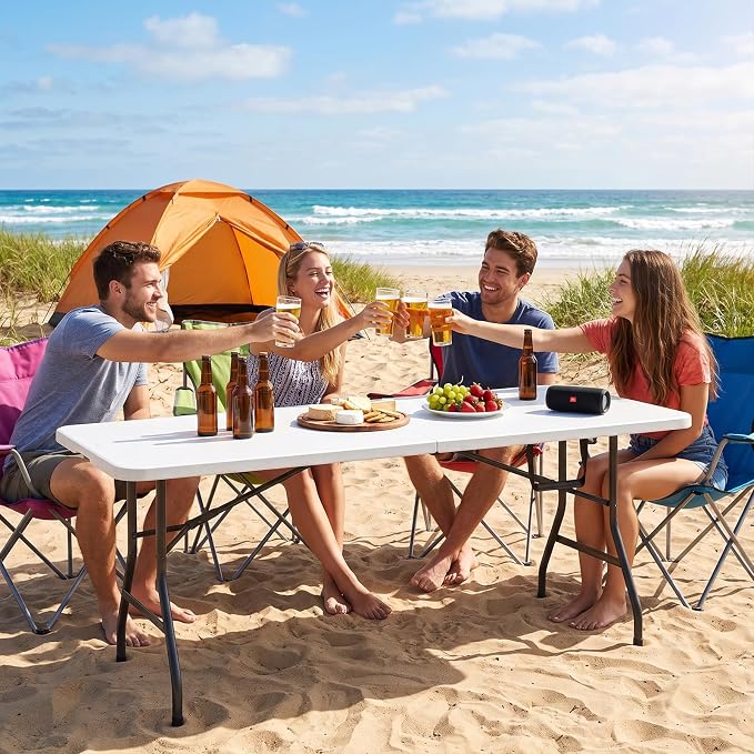 6 Foot Folding Table, Fold-in-Half Utility Table with Carrying Handle, 6FT Heavy Duty Portable Table for Party, Wedding, Picnic, Camping, Indoor & Outdoor, White