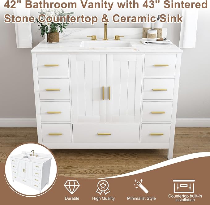 Montary 42" Bathroom Vanity with Sink & 43" Carrara Sintered Stone Top | with 3 Pre-Drilled Faucet Holes, Solid Wood Cabinet, Soft-Close Double Doors & 9 Smooth-Glide Drawers,White