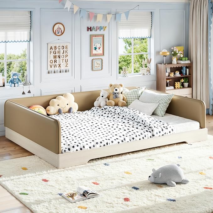 Bellemave Queen Upholstered Montessori Floor Bed Frame with Guardrail,Brown