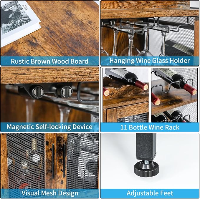 X-cosrack Wine Bar Rack Cabinet with Detachable Wine Rack, Coffee Bar Cabinet with Glass Holder, Small Sideboard and Buffet Cabinet with Mesh Door, Rustic Brown, Large