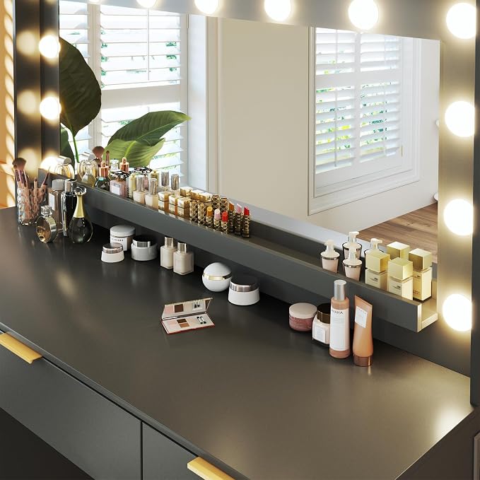 HUAHUU Vanity Desk with Mirror and Lights, 45.3in Makeup Vanity with 7 Drawers & Large Mirror, with 3-Color Adjustable Lighting & Power Outlet, Black Vanity Desk for Bedroom
