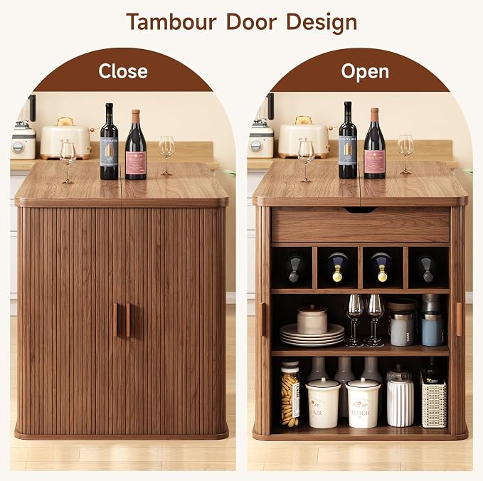 ONBRILL 61 Inch Fluted Kitchen Island with Storage Walnut
