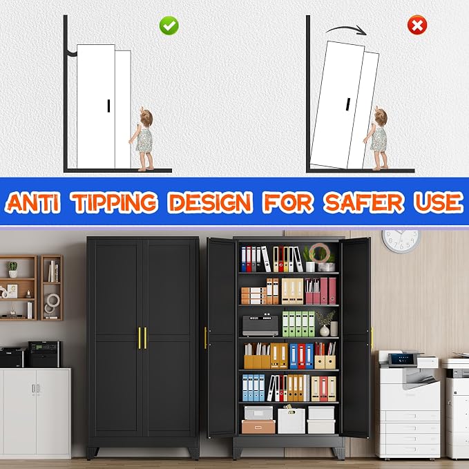 GAIOUS 79" Tall Kitchen Pantry Cabinet,Metal Storage Cabinet Black Cupboard | with 2 Doors and 5 Adjustable Shelves, Freestanding Cupboard, 6 Tier Steel Storage for Office Kitchen Dining Garage Hallways