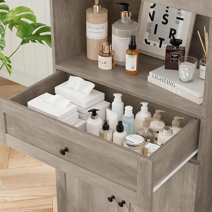 HIFIT Tall Bathroom Storage Cabinet with Drawer, Modern Linen Cabinet,Brown | 67"H Tall Storage Cabinet with Doors & Shelves, Freestanding Kitchen Pantry for Bathroom, Dining Room, Laundry, Narrow Corner