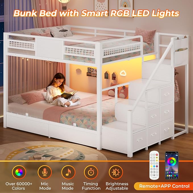 BTHFST Bunk Bed Full Over Full with Stairs, Storage Drawers and LED Lights