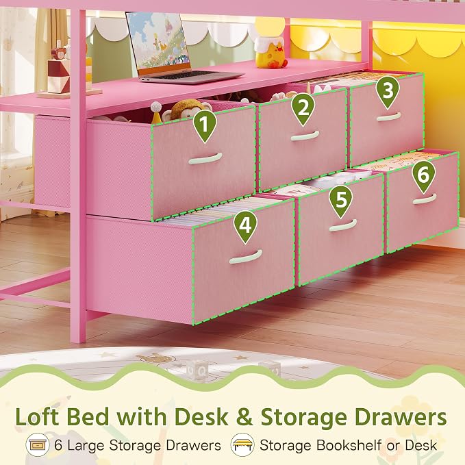 Dnxao Low Loft Bed Full Size with Desk and 9 Storage Drawers for Girls,Pink