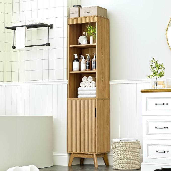 Bifins Natural 68" Tall Bathroom Storage Cabinet,15.7" Width | Narrow,Fluted Door,Adjustable Shelf,5 Tier,Next to Toilet,Next to TV Stand,Laundry Storage,Space Saving,Tower Storage