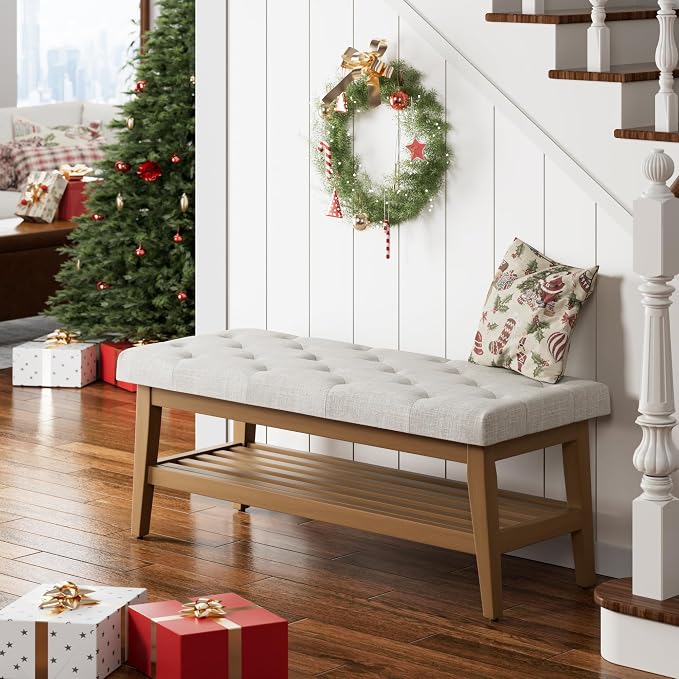 HUIMO Upholstered Entryway Shoe Bench, Button Tufted End of Bed Bench,Beige