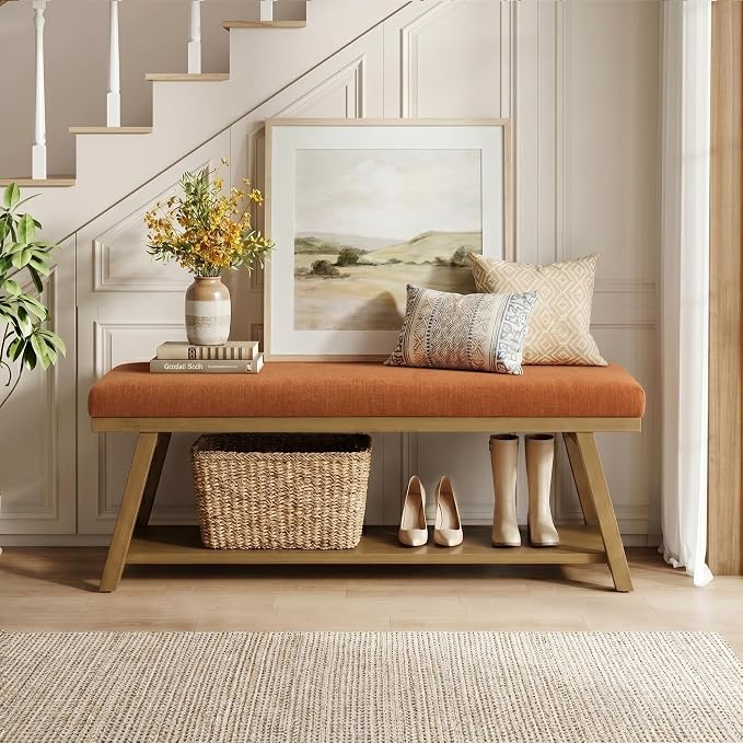 Zihanhome 45" Entryway Bench Upholstered Storage Bench for Bedroom(Orange)