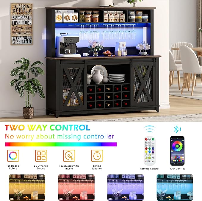 63"Wide 58"H Farmhouse Coffee Bar Cabinet with Power Outlet and LED Light,Wine Bar Cabinet w/ 4 Storage Hutch,Kitchen Buffet Cabinet with 15 Wine and Glass Racks for Kitchen Dining Room(Black)