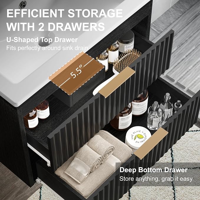 24 Inch Floating Bathroom Vanity with Sink & Towel Holder, Fluted Wall Mounted Vanity Cabinet for Small Bathroom, Modern Combo with LED Light, Metal Handle & Soft-Closing Drawers, Black