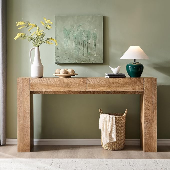OKD 63" Console Table with Drawers, Thick Block Entryway Table, Light Oak