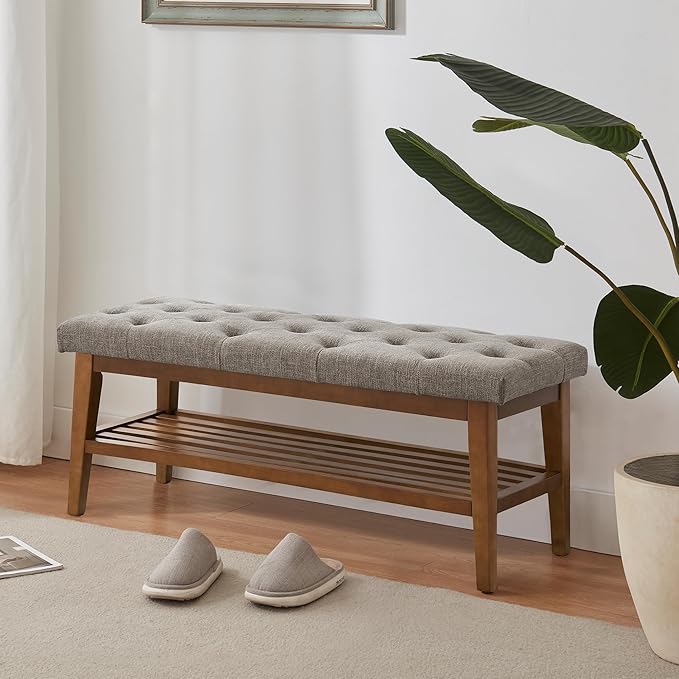 HUIMO Upholstered Entryway Shoe Bench, Button Tufted End of Bed Bench,Brown