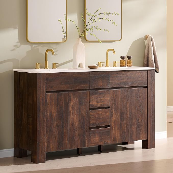 T4TREAM 60 Inch Modern Bathroom Vanity with Double Sink, Dark Walnut | Integrated Resin Sink, 4 Soft-Close Doors & 3 Drawers, Handle-Free Design, Thick Heavy-Duty Legs, Walnut Grain Finish