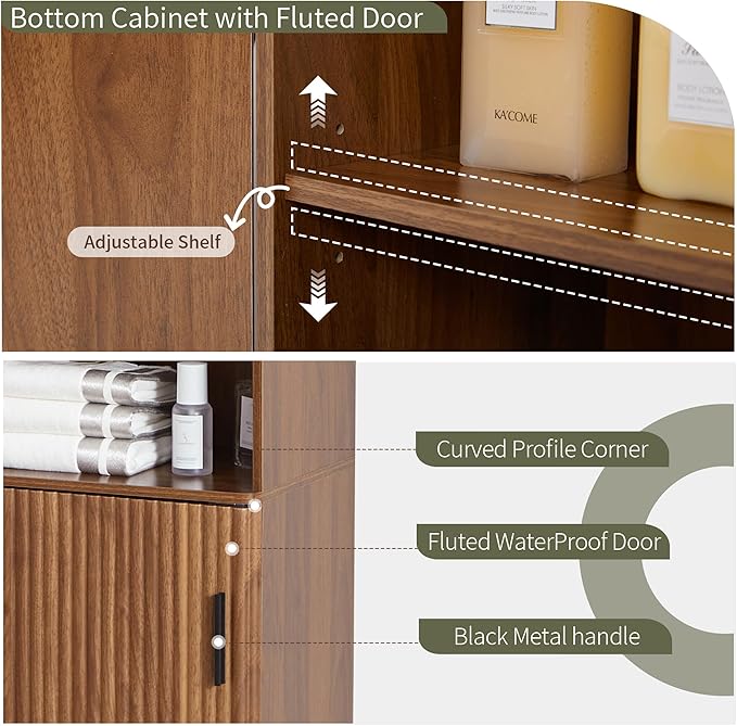 Bifins 68" Tall Walnut Bathroom Storage Cabinet,15.7" Width | Narrow,Fluted Door,Adjustable Shelf,5 Tier,Next to Toilet,Next to TV Stand,Laundry Storage,Space Saving,Tower Storage