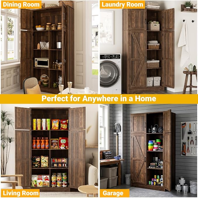 Unikito 71” Tall Kitchen Pantry Storage Cabinet with Adjustable Shelves | Large Farmhouse Storage Cupboard, Barn Doors, Sturdy and Deep, Versatile for Dinning Room, Living Room, Weathered Brown