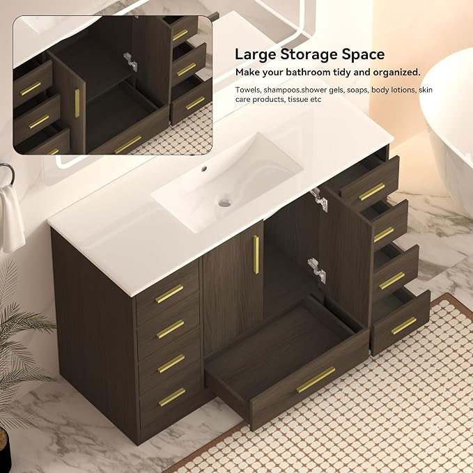LUMISOL 48 Inch Bathroom Vanity with Sink, Freestanding Bathroom Vanity with 9 Storage Drawers and 2 Soft-Closing Doors, Wood 48" Bathroom Vanities with Resin Sink, Dark Brown