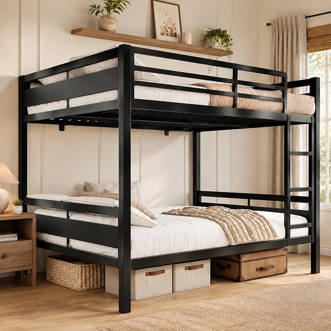 Feonase Metal Bunk Bed Full Over Full with Ladder and High Guardrail, Heavy-Duty Metal Slats Support, Noise Free, No Box Spring Needed, for Kids and Juniors, Black