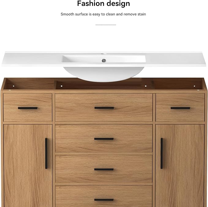LUMISOL 48 Inch Bathroom Vanity with Sink, Freestanding Bathroom Vanity with Resin Sink, Tip-Out Drawer, Storage Drawers and 2 Soft-Closing Doors, Light Oak